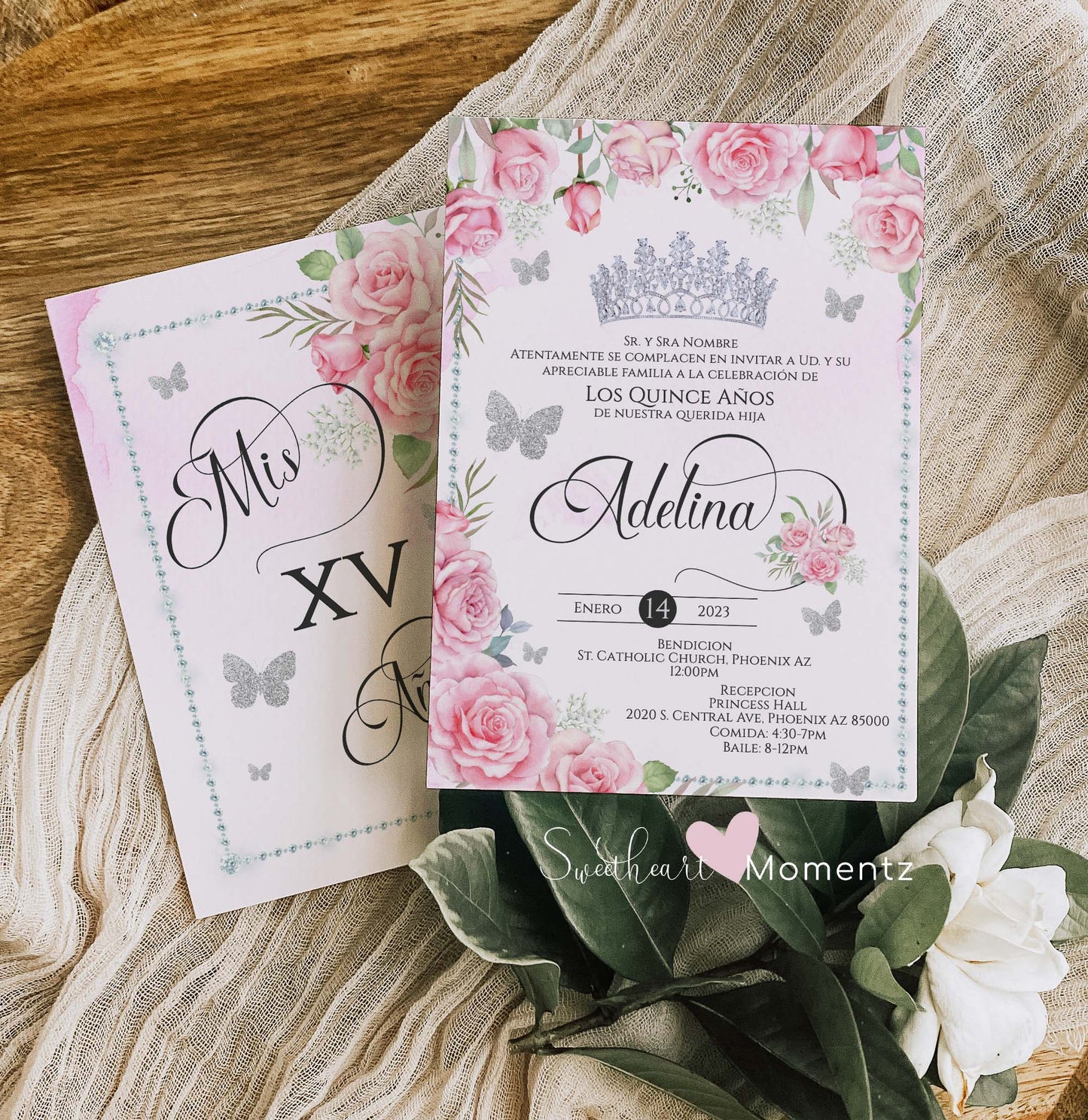 Pink Butterfly Quinceanera Invitation Style: Adelina