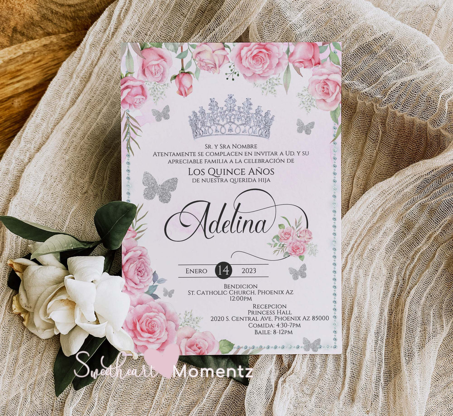 Pink Butterfly Quinceanera Invitation Style: Adelina