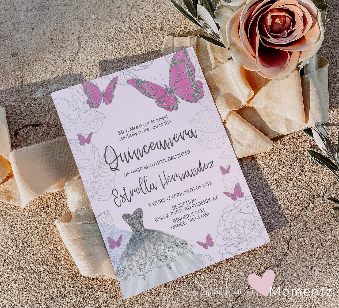 Baby Pink and Silver Butterfly Quinceanera Invitation Style: Estrella