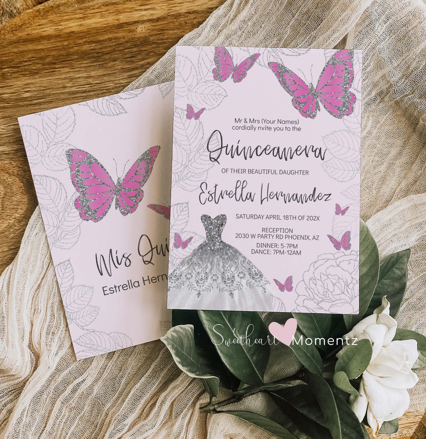 Baby Pink and Silver Butterfly Quinceanera Invitation Style: Estrella