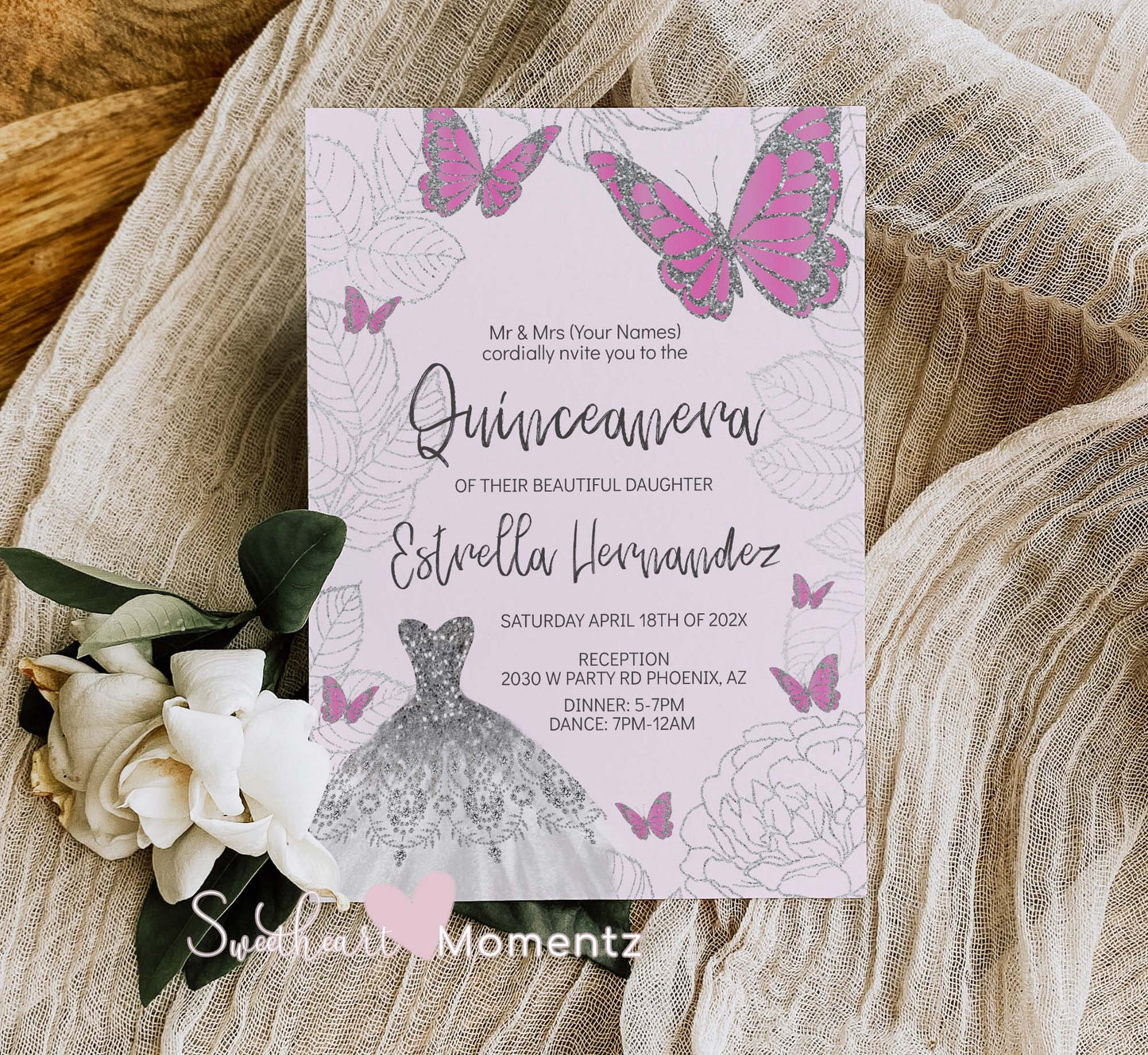 Baby Pink and Silver Butterfly Quinceanera Invitation Style: Estrella