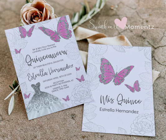 Baby Pink and Silver Butterfly Quinceanera Invitation Style: Estrella