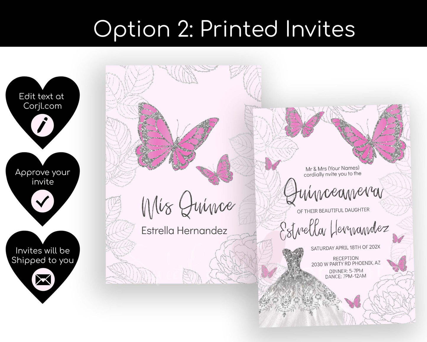 Baby Pink and Silver Butterfly Quinceanera Invitation Style: Estrella