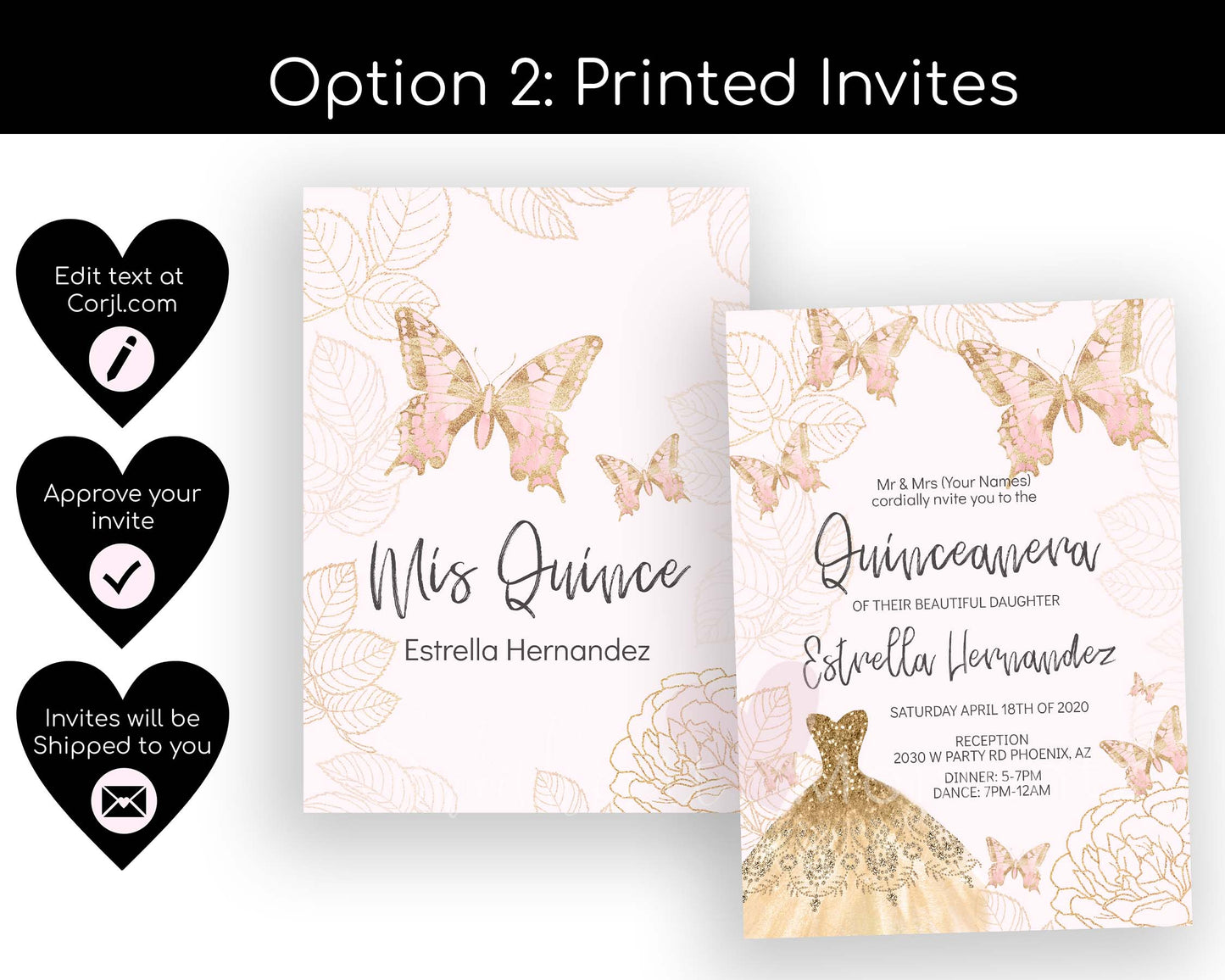 Pink and Gold Butterfly Quinceanera Invitation Style: Estrella