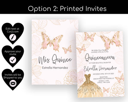 Pink and Gold Butterfly Quinceanera Invitation Style: Estrella
