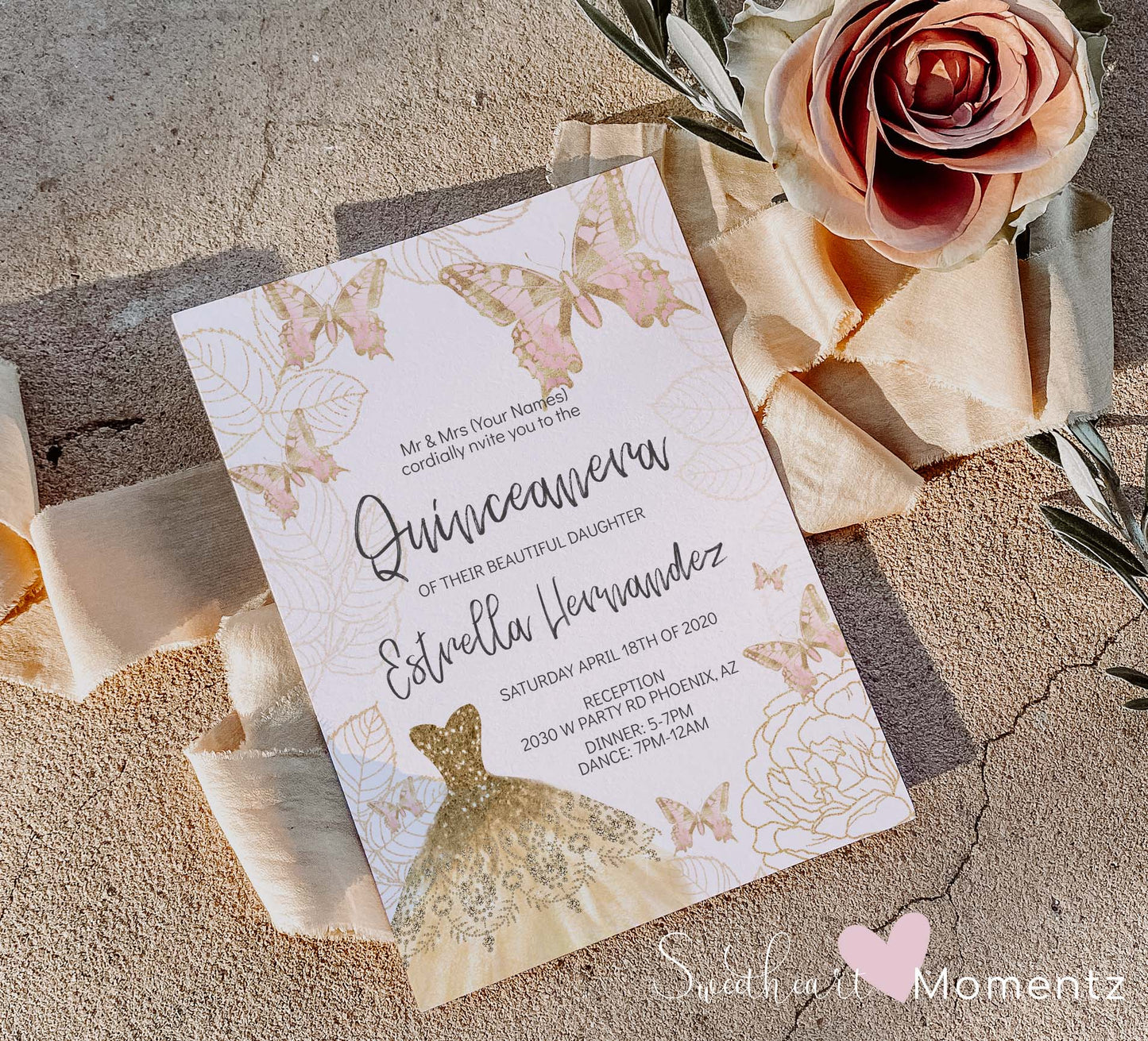 Pink and Gold Butterfly Quinceanera Invitation Style: Estrella