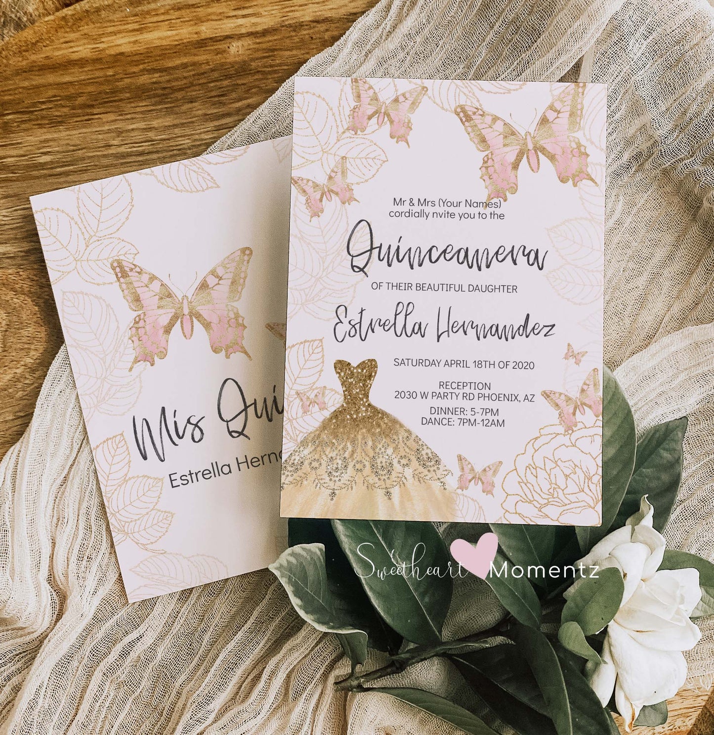 Pink and Gold Butterfly Quinceanera Invitation Style: Estrella