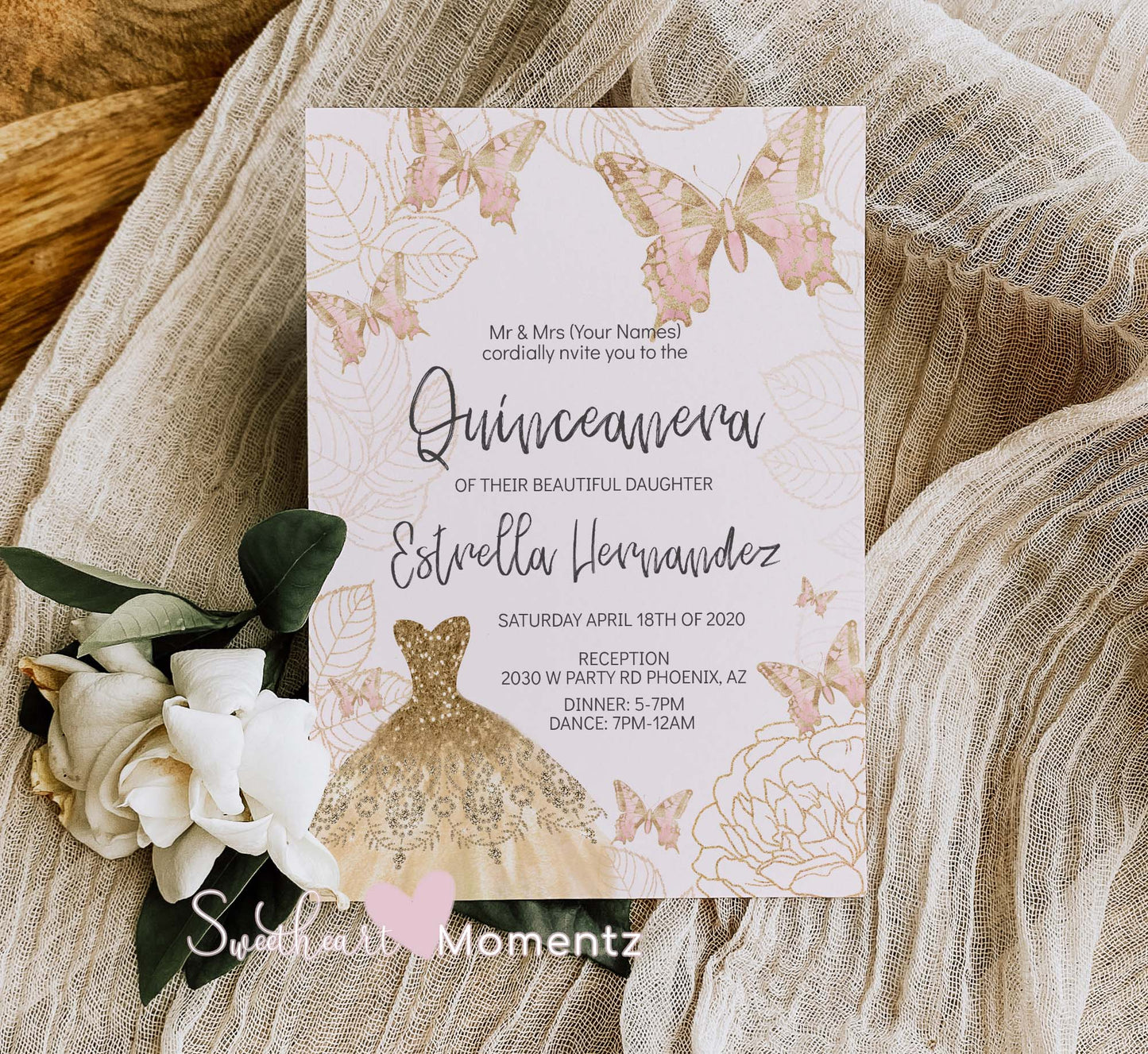 Pink and Gold Butterfly Quinceanera Invitation Style: Estrella