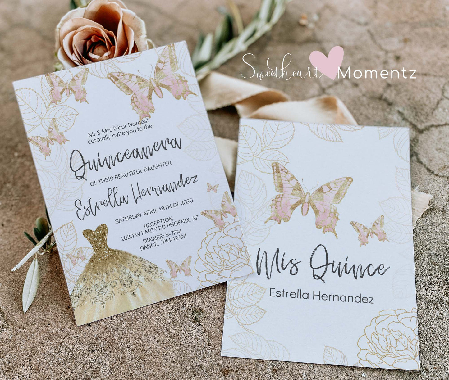 Pink and Gold Butterfly Quinceanera Invitation Style: Estrella