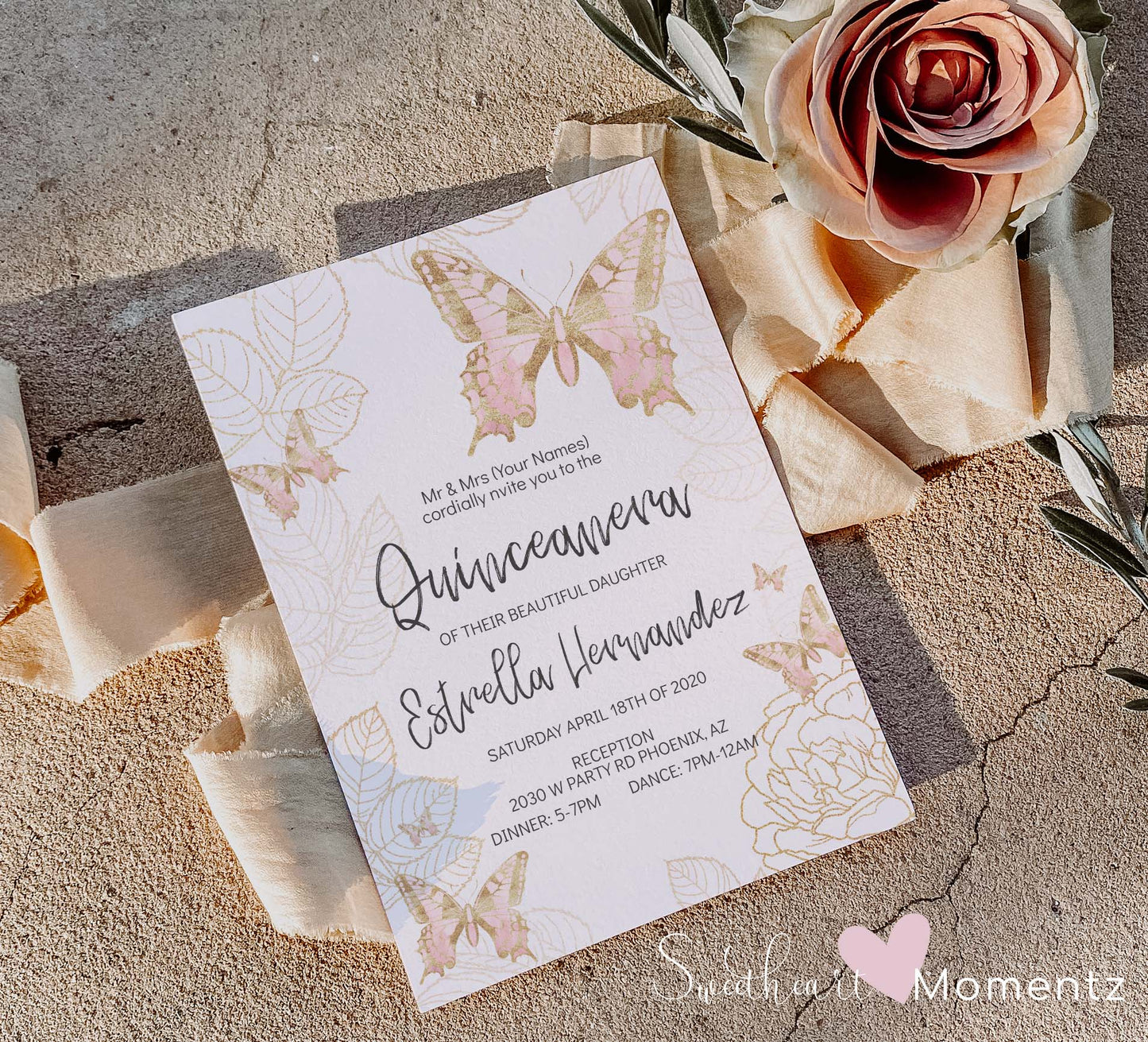 Pink and Gold Butterfly Quinceanera Invitation Style: Estrella(no dress)