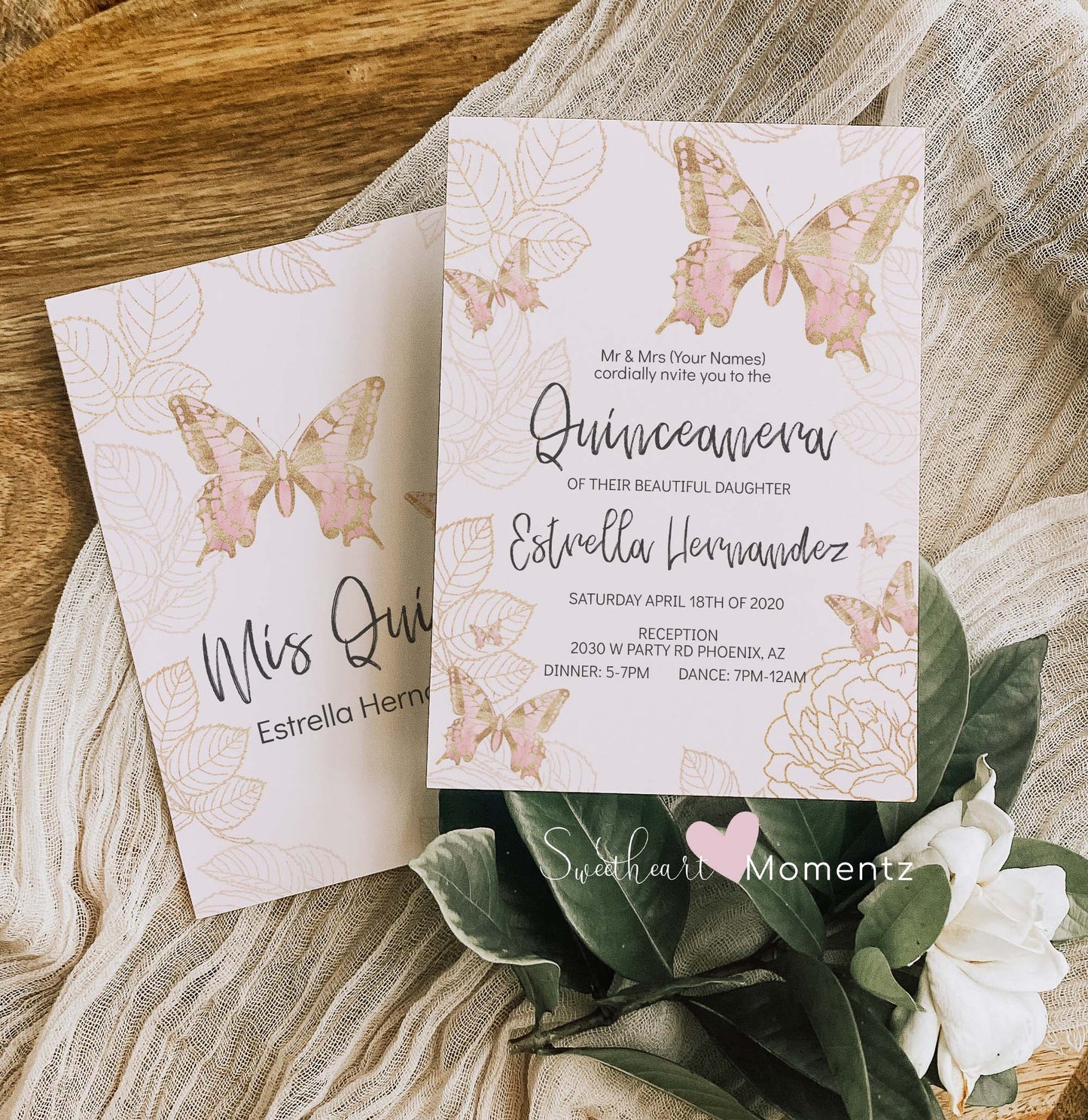 Pink and Gold Butterfly Quinceanera Invitation Style: Estrella(no dress)