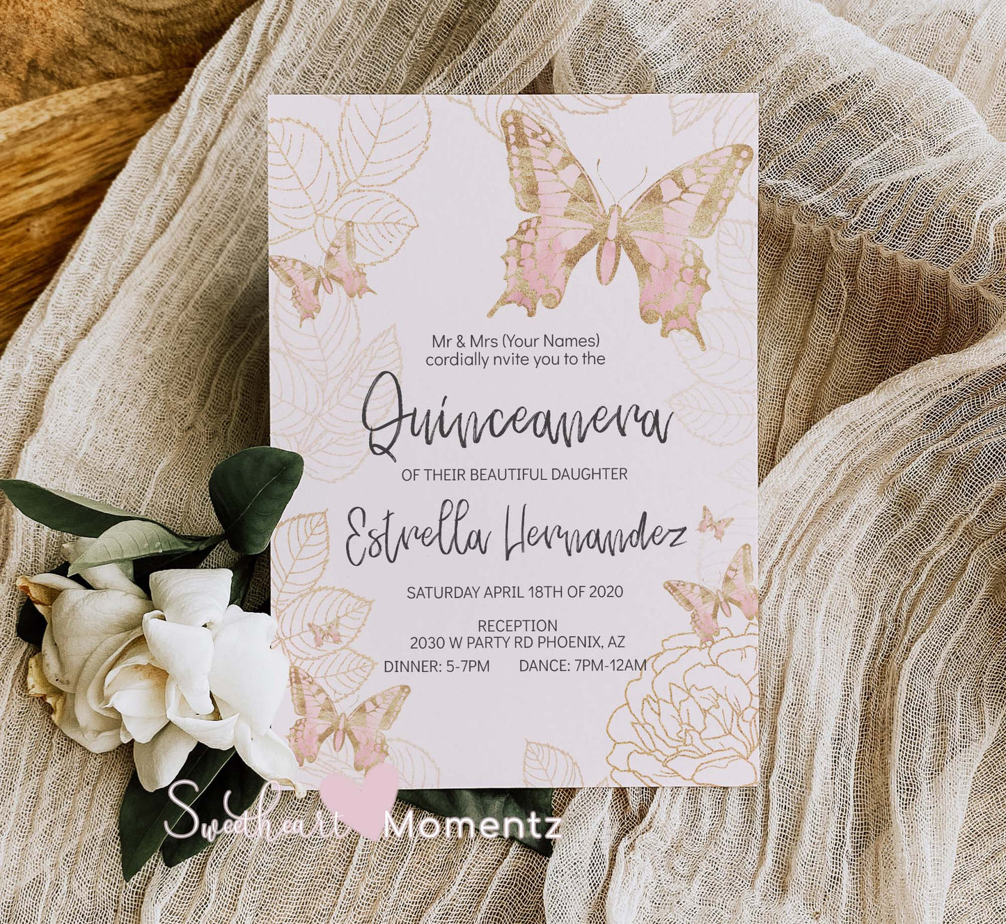 Pink and Gold Butterfly Quinceanera Invitation Style: Estrella(no dress)