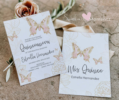 Pink and Gold Butterfly Quinceanera Invitation Style: Estrella(no dress)