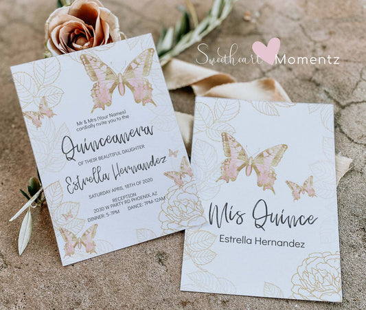 Pink and Gold Butterfly Quinceanera Invitation Style: Estrella(no dress)