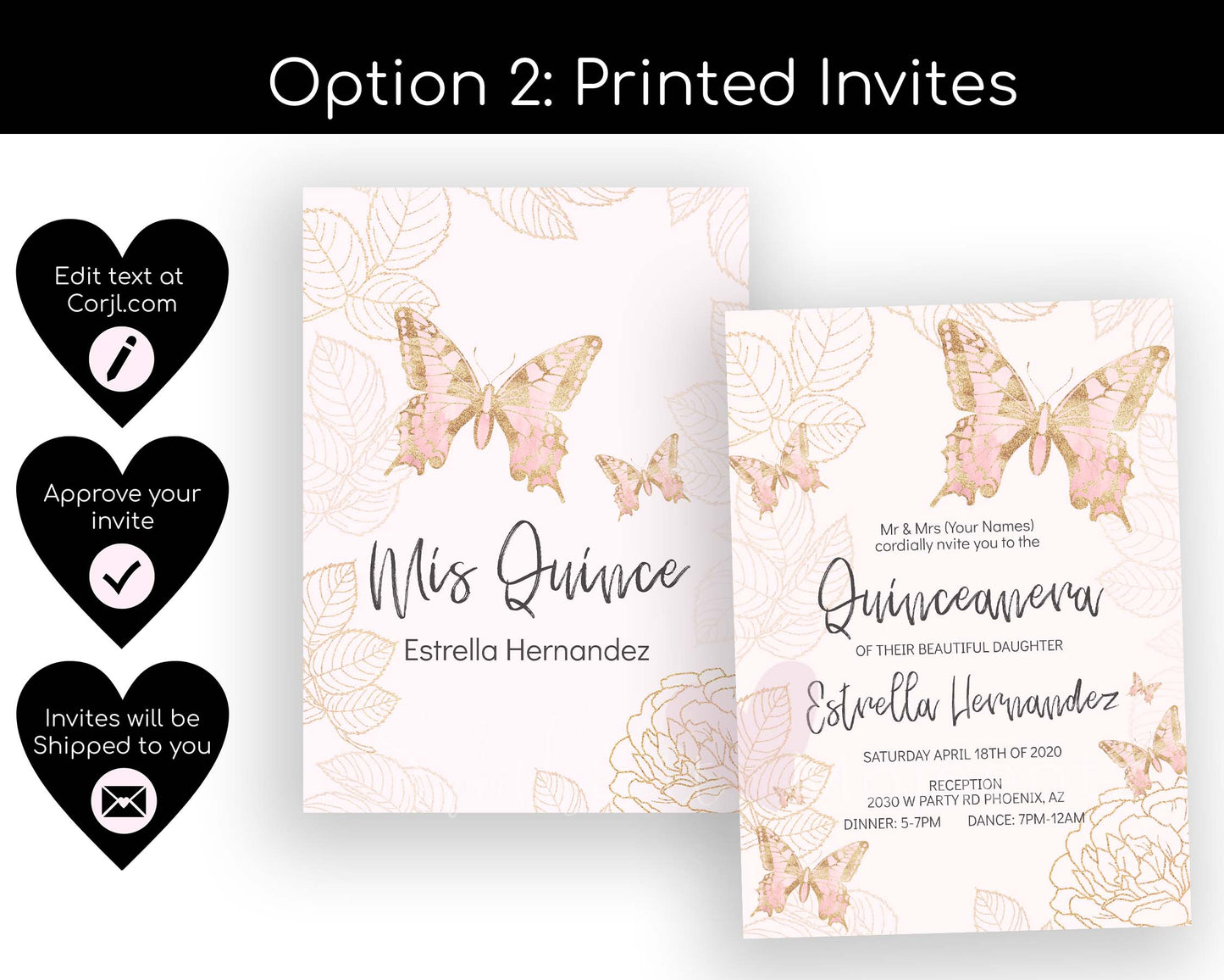 Pink and Gold Butterfly Quinceanera Invitation Style: Estrella(no dress)