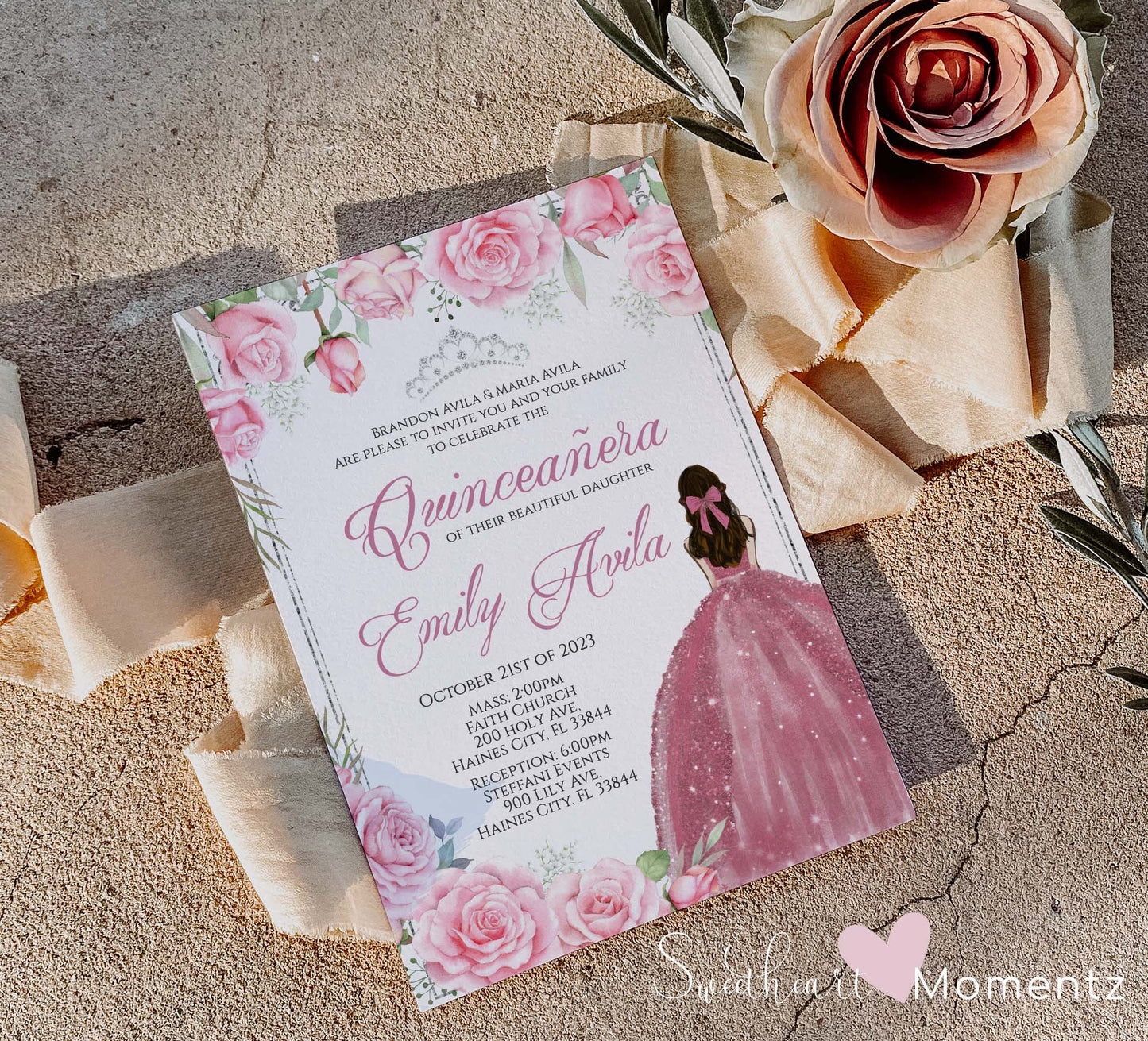 Pink and Silver Quinceanera Invitation Style: Emily