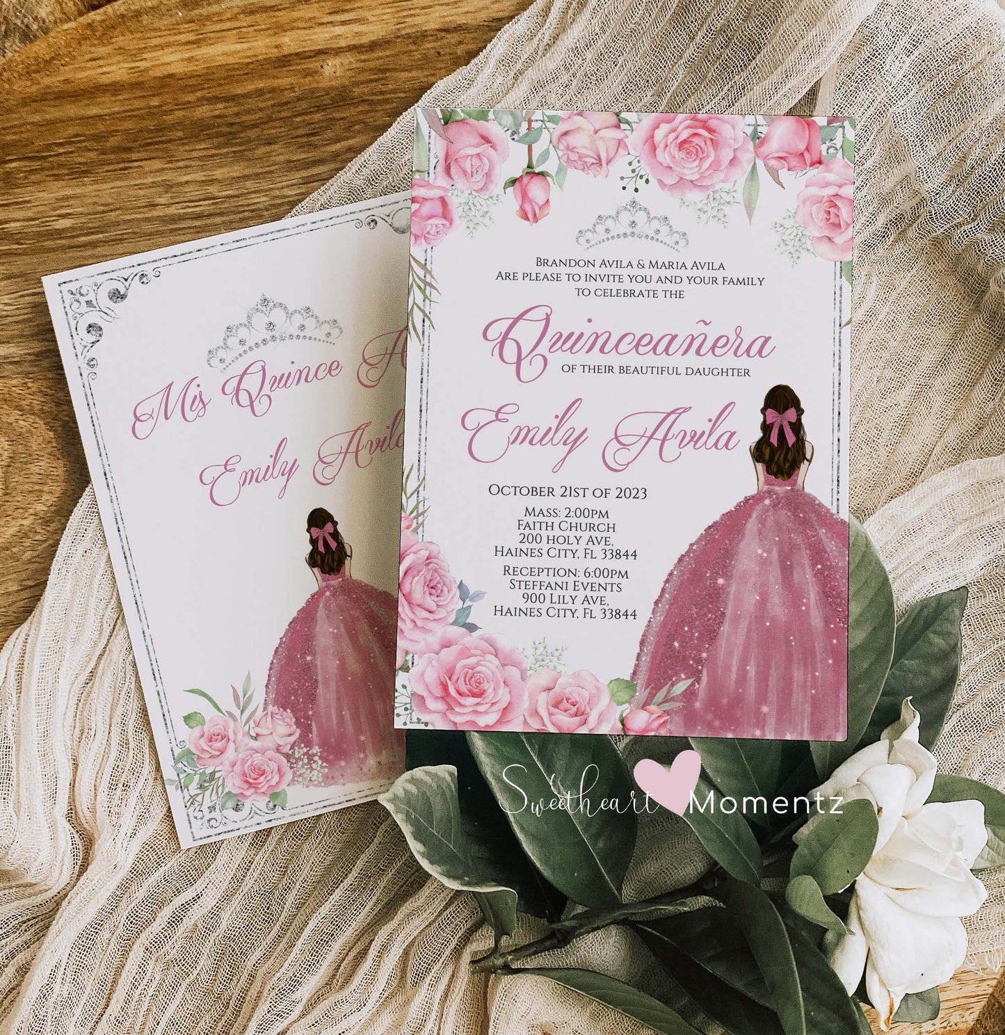 Pink and Silver Quinceanera Invitation Style: Emily