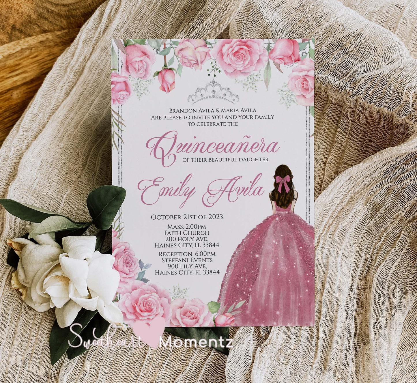 Pink and Silver Quinceanera Invitation Style: Emily