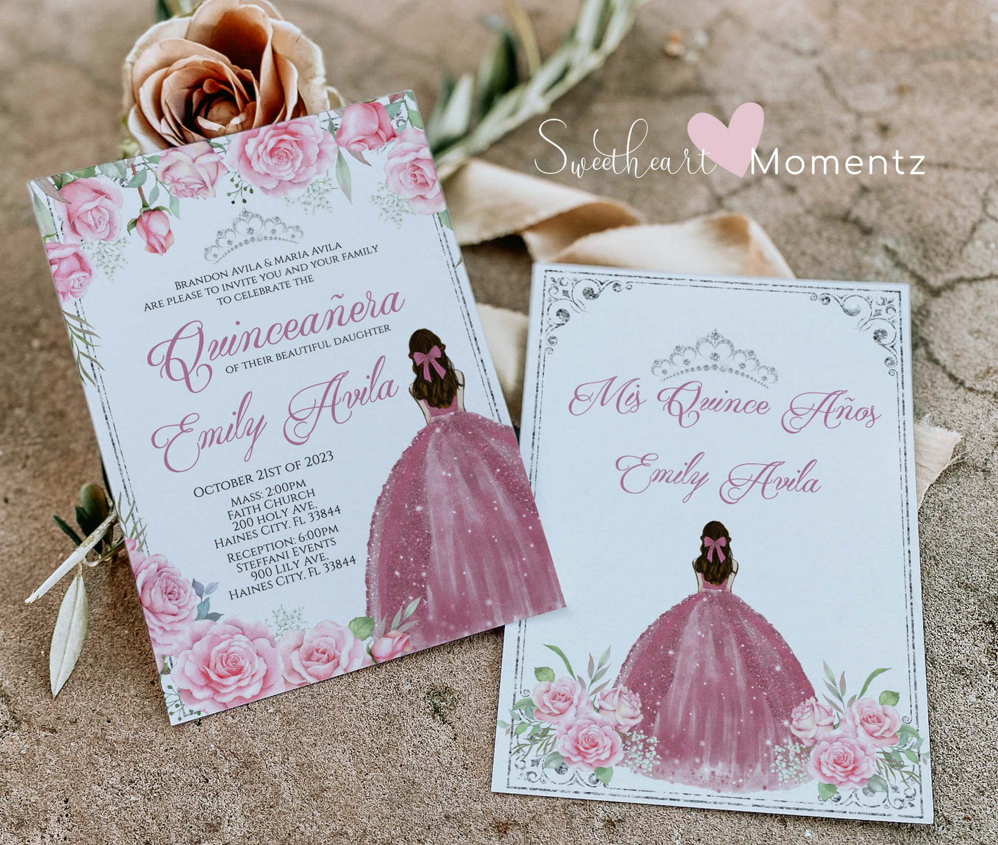 Pink and Silver Quinceanera Invitation Style: Emily