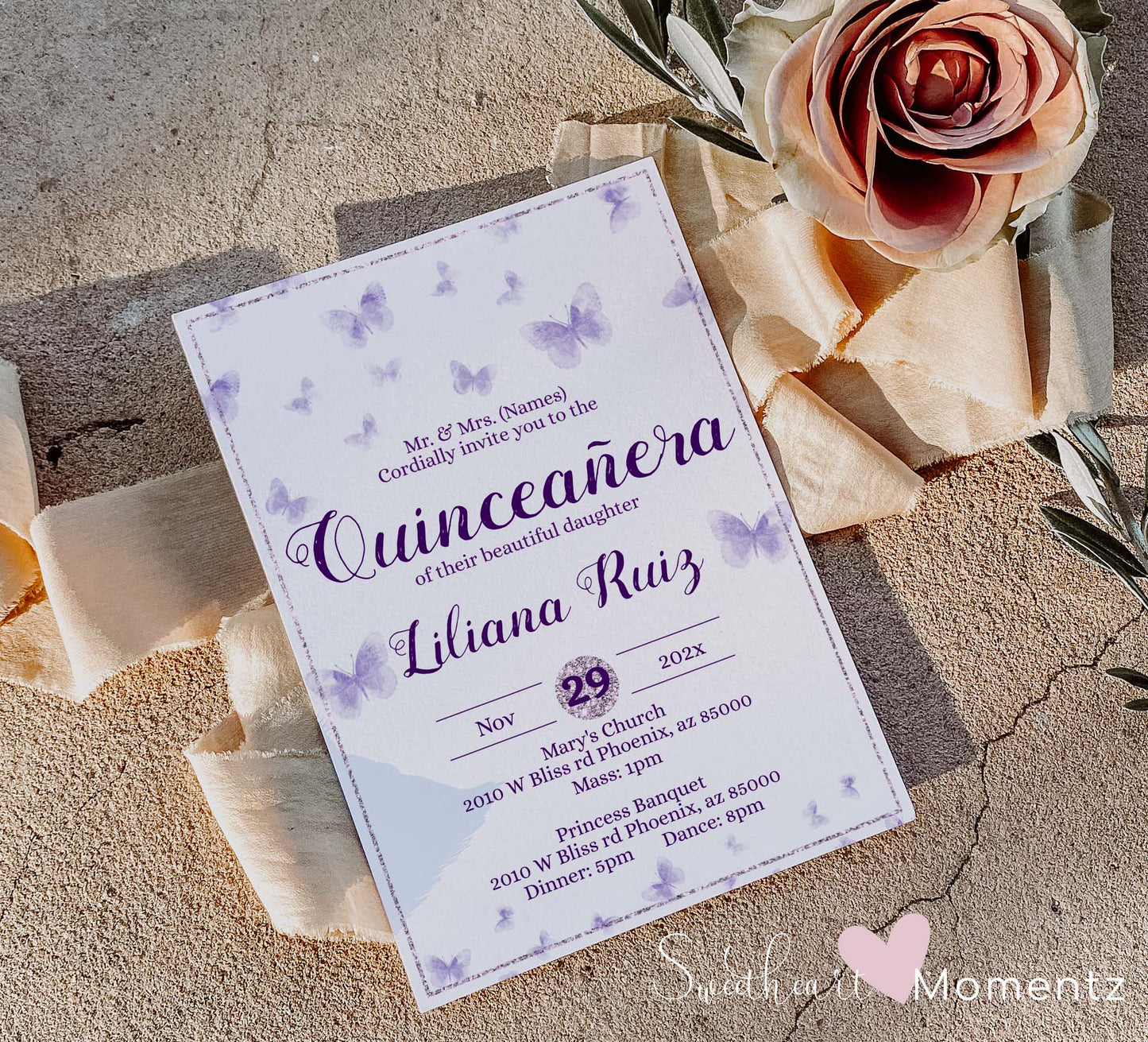 Purple Butterfly Quinceanera Invitation Style: Liliana