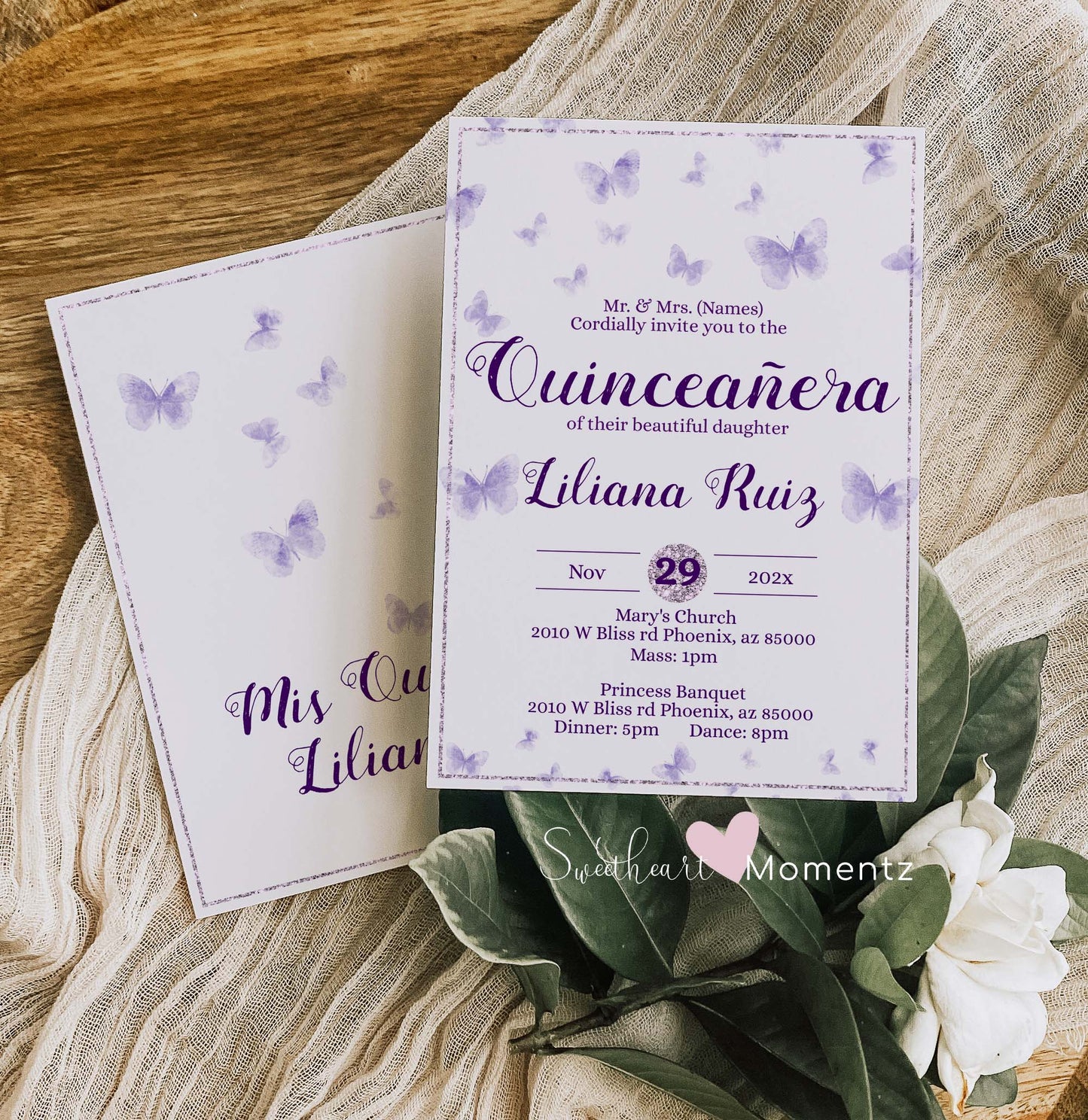 Purple Butterfly Quinceanera Invitation Style: Liliana