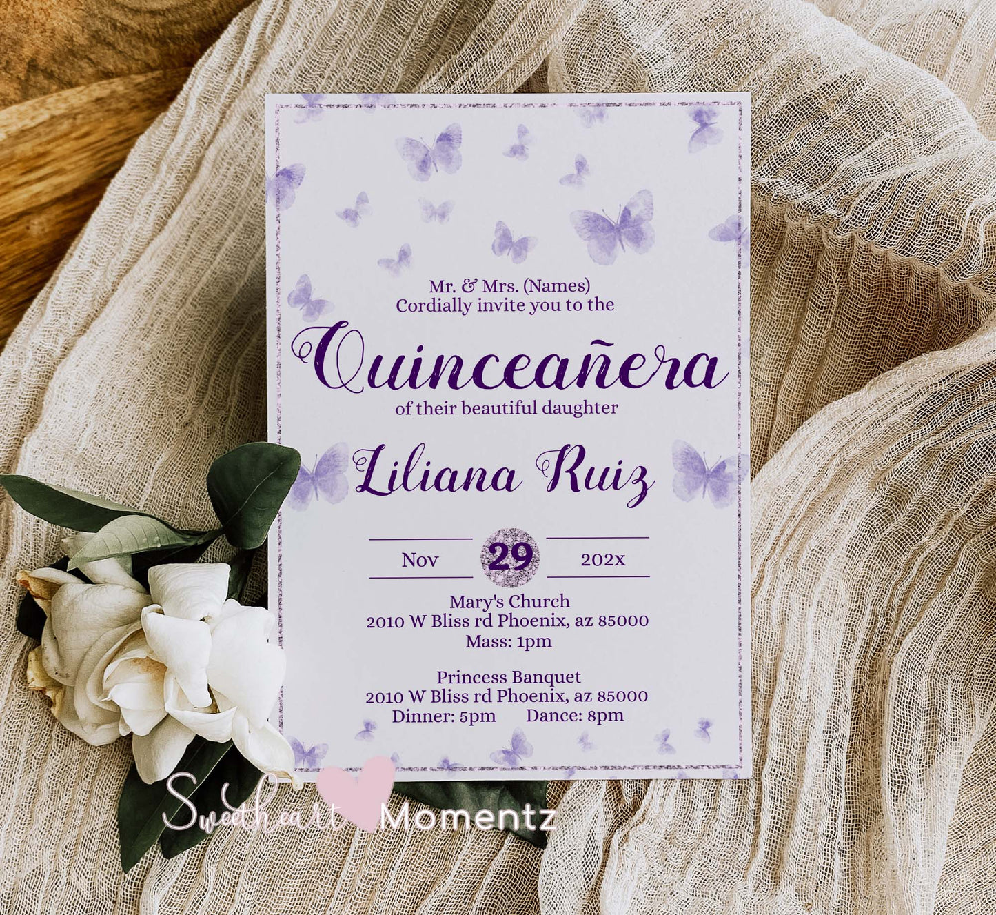 Purple Butterfly Quinceanera Invitation Style: Liliana