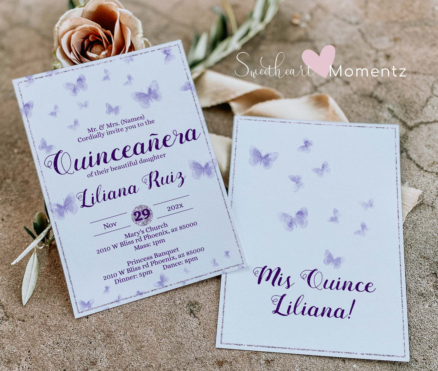 Purple Butterfly Quinceanera Invitation Style: Liliana