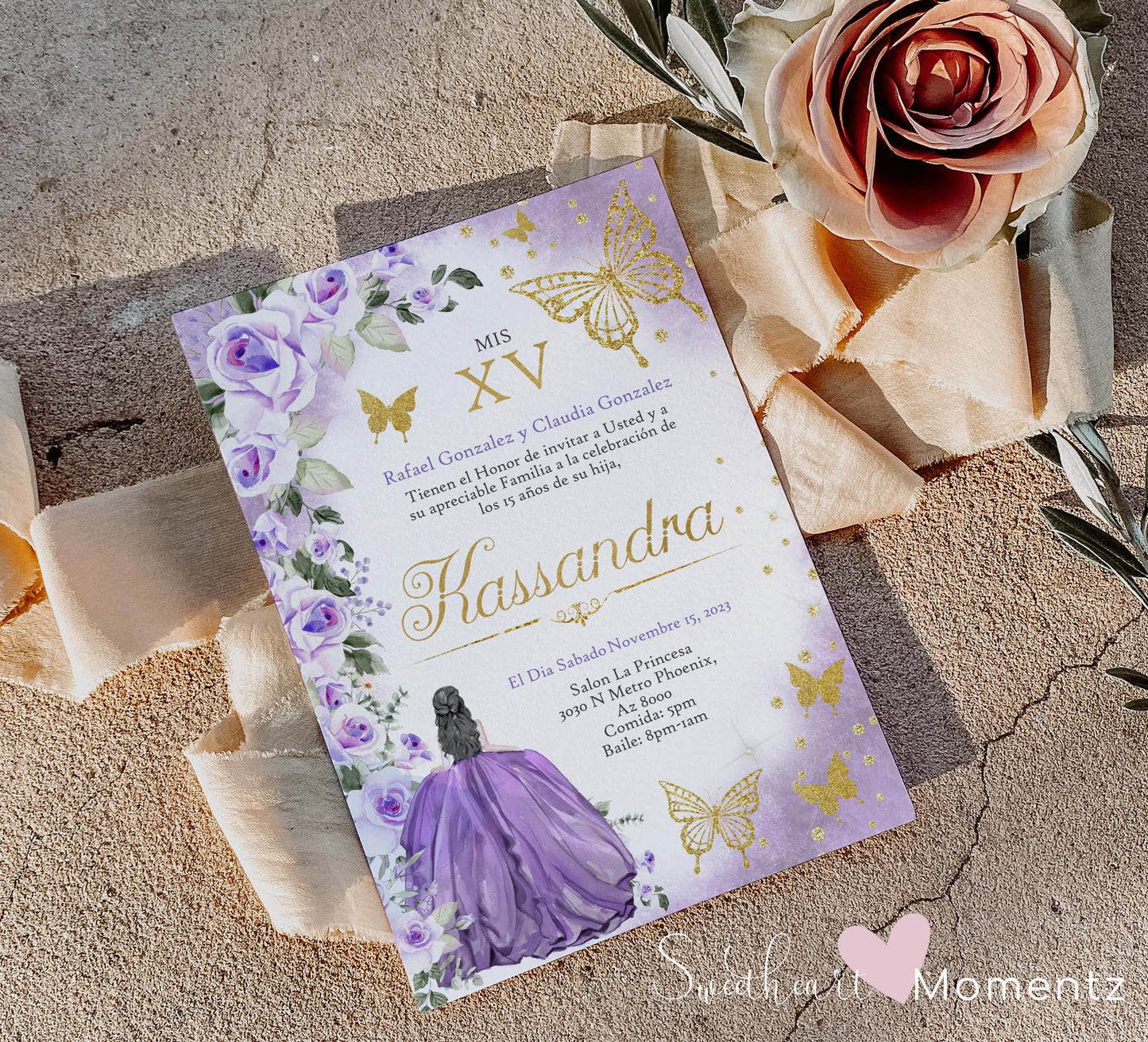 Purple and Gold Butterfly Quinceanera Invitation Style: Kassandra