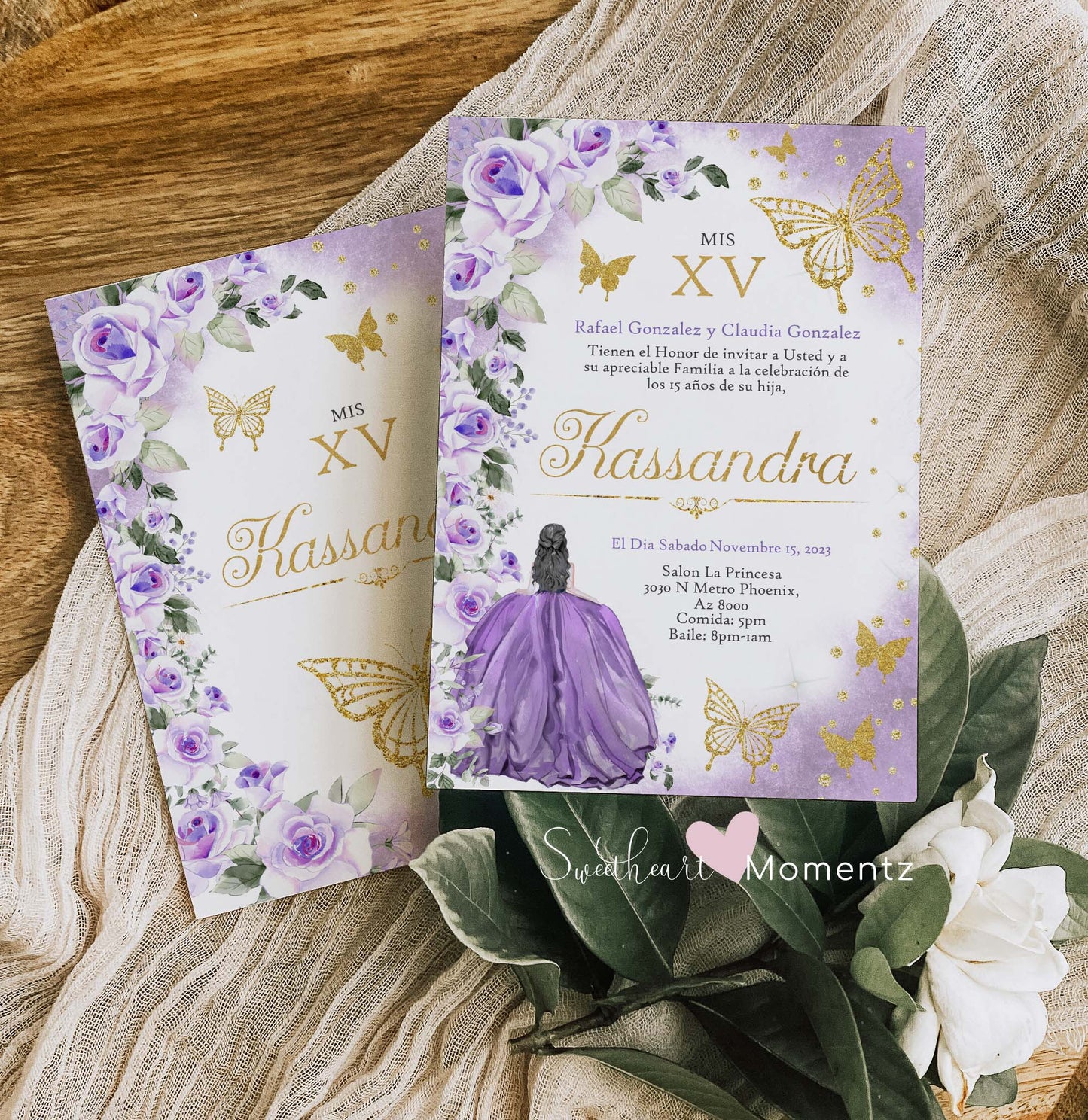 Purple and Gold Butterfly Quinceanera Invitation Style: Kassandra