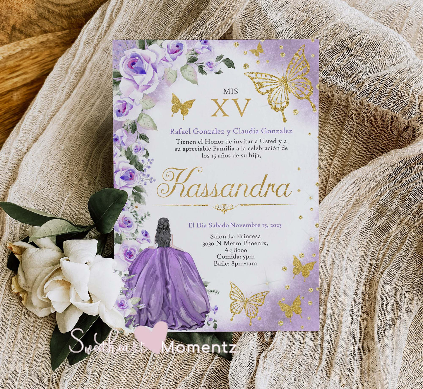 Purple and Gold Butterfly Quinceanera Invitation Style: Kassandra