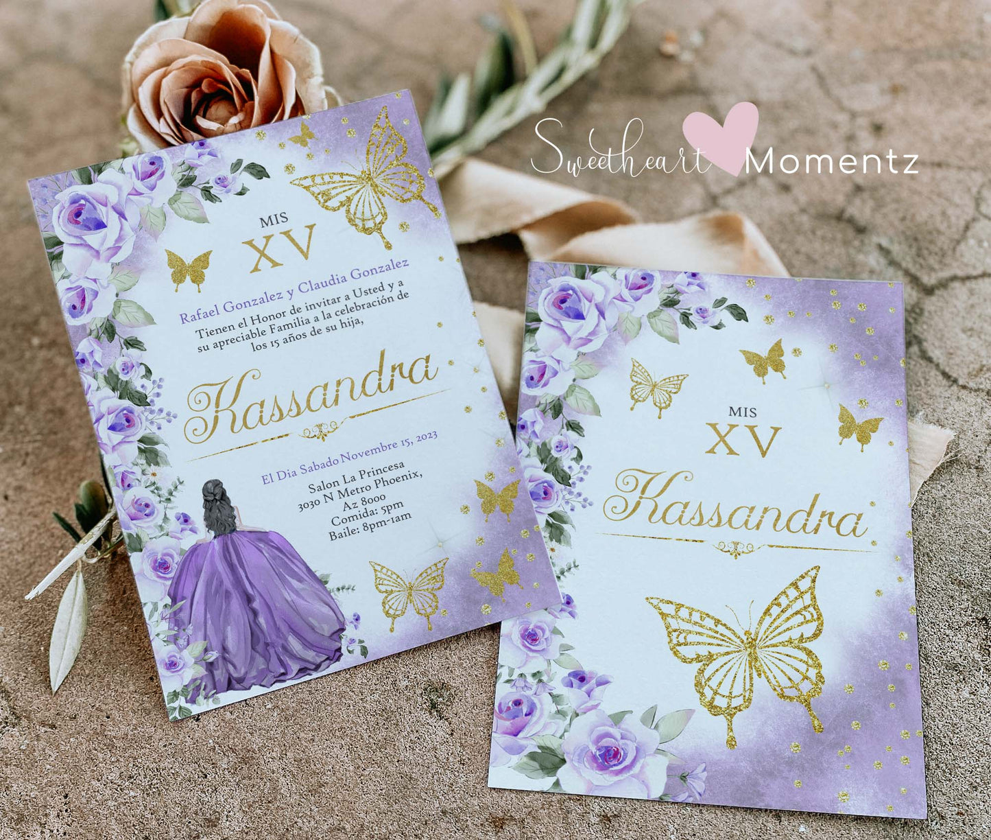 Purple and Gold Butterfly Quinceanera Invitation Style: Kassandra