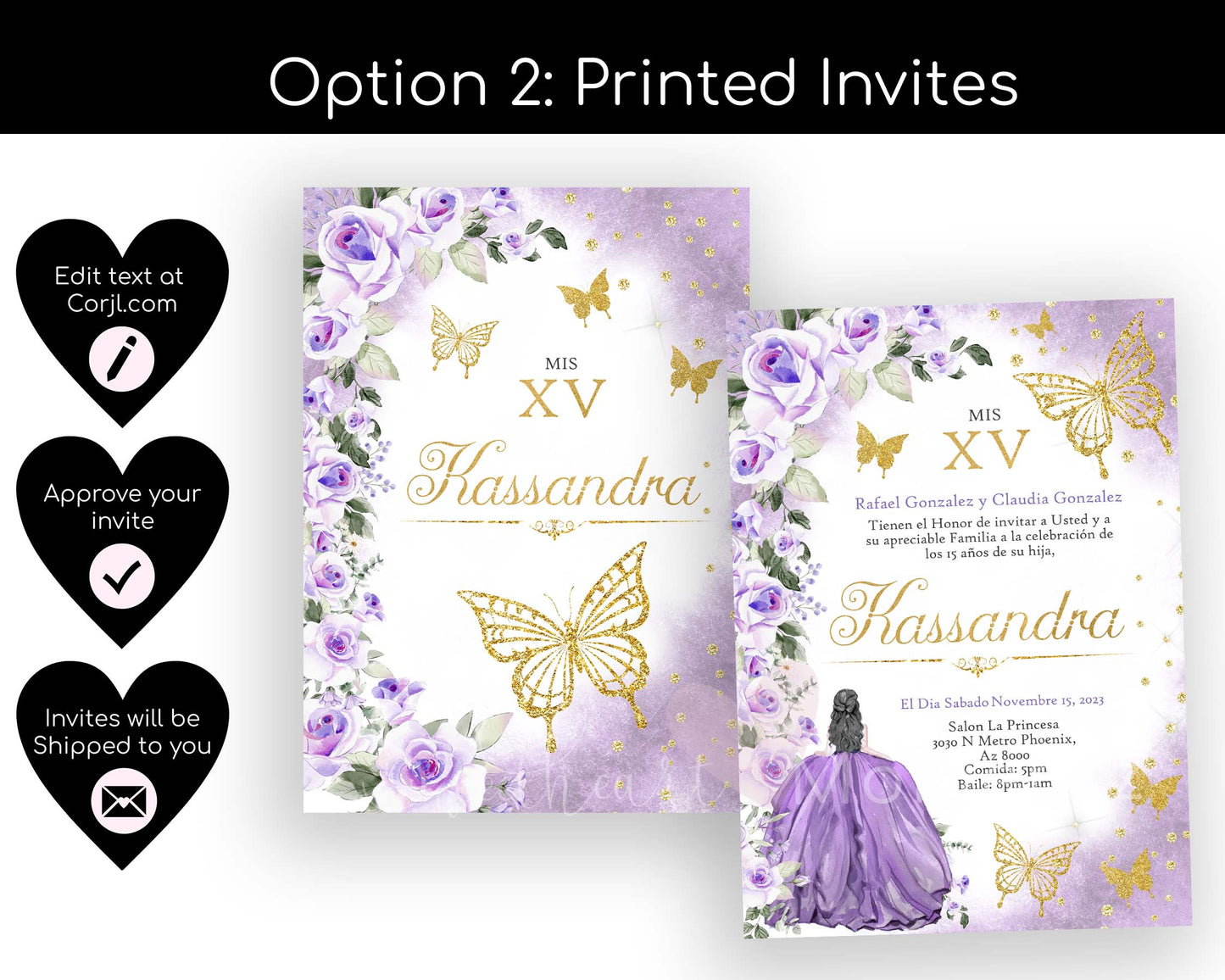 Purple and Gold Butterfly Quinceanera Invitation Style: Kassandra