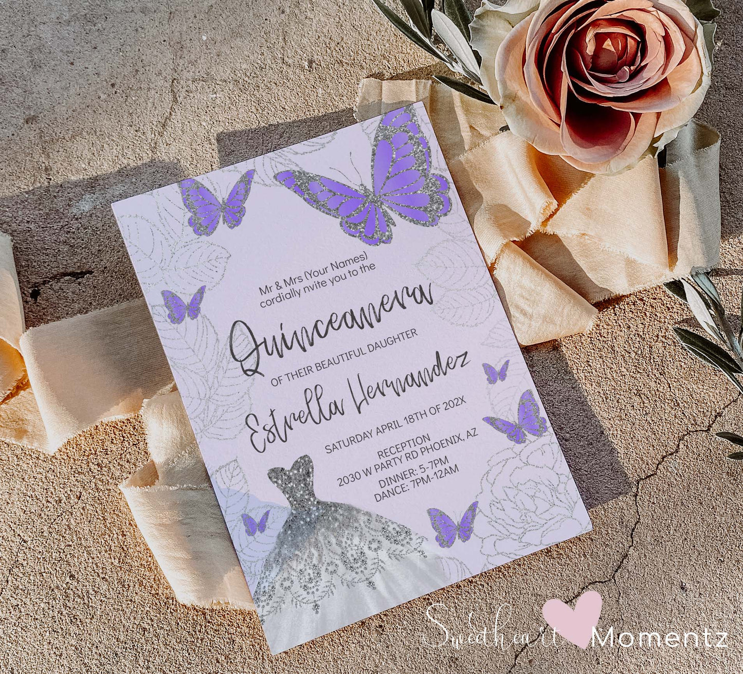 Baby Purple and Silver Butterfly Quinceanera Invitation Style: Estrella