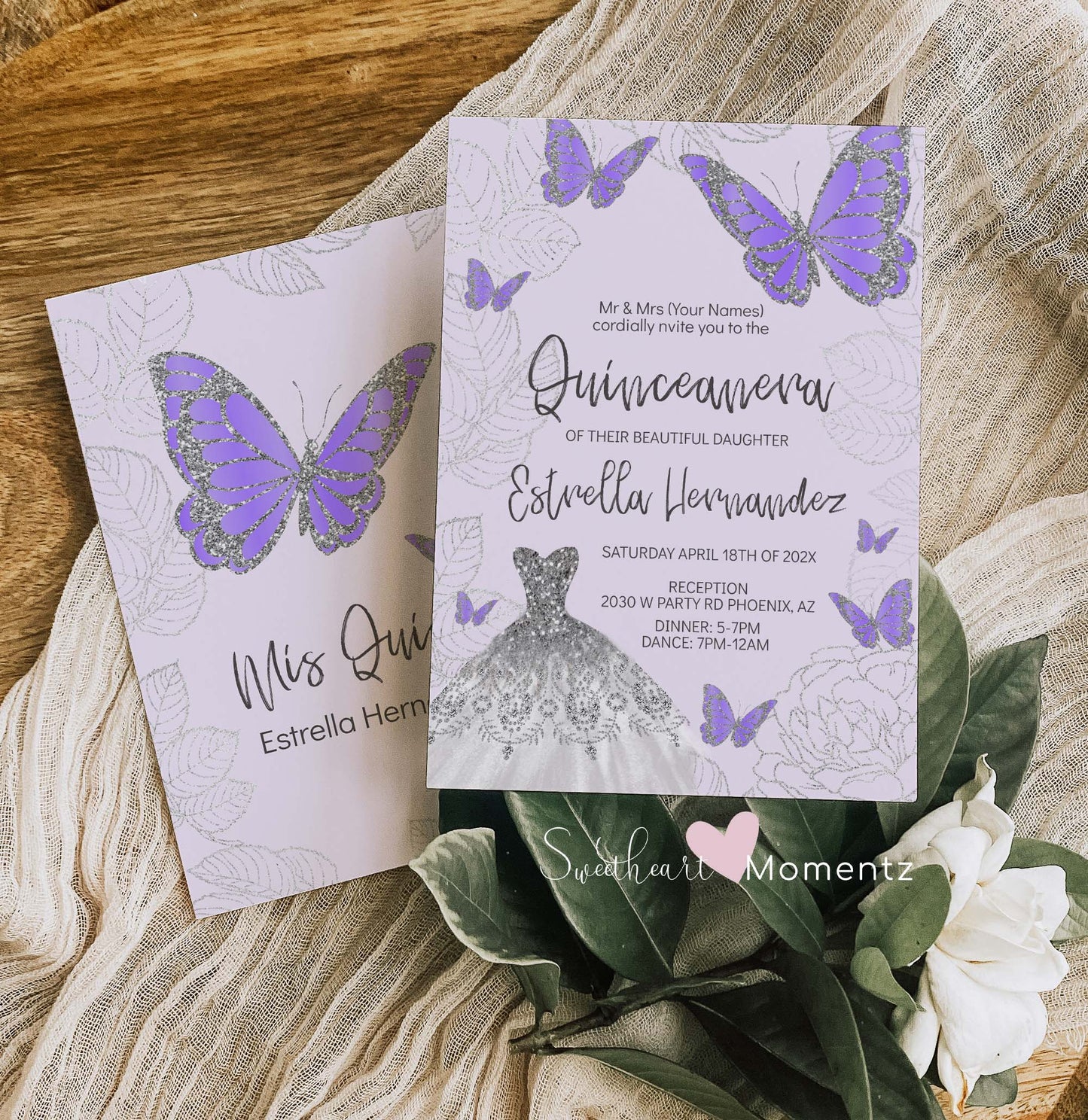 Baby Purple and Silver Butterfly Quinceanera Invitation Style: Estrella