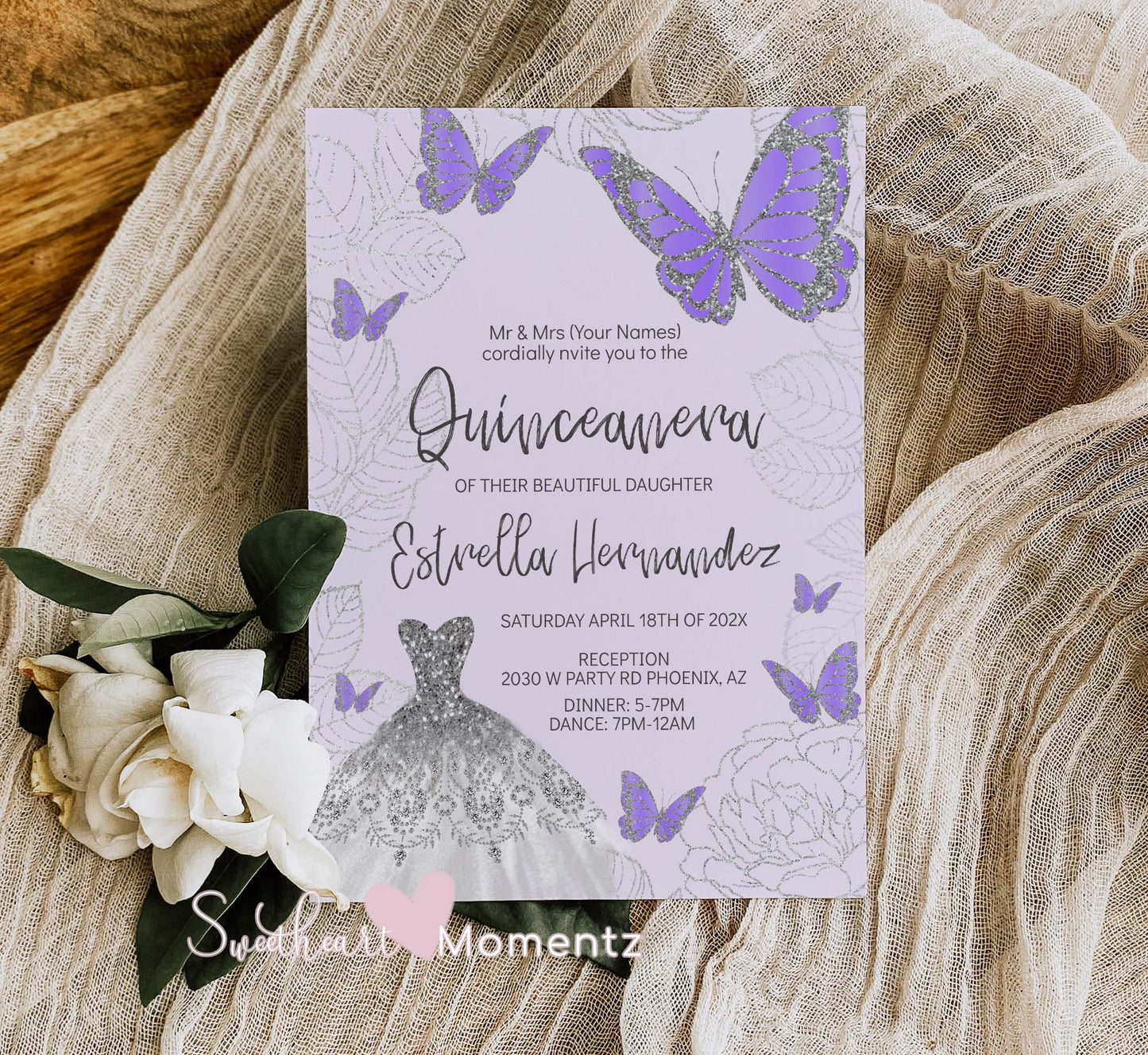 Baby Purple and Silver Butterfly Quinceanera Invitation Style: Estrella