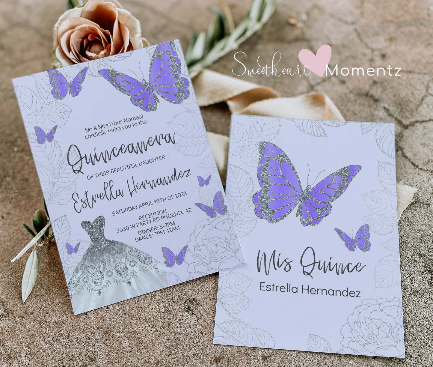 Baby Purple and Silver Butterfly Quinceanera Invitation Style: Estrella