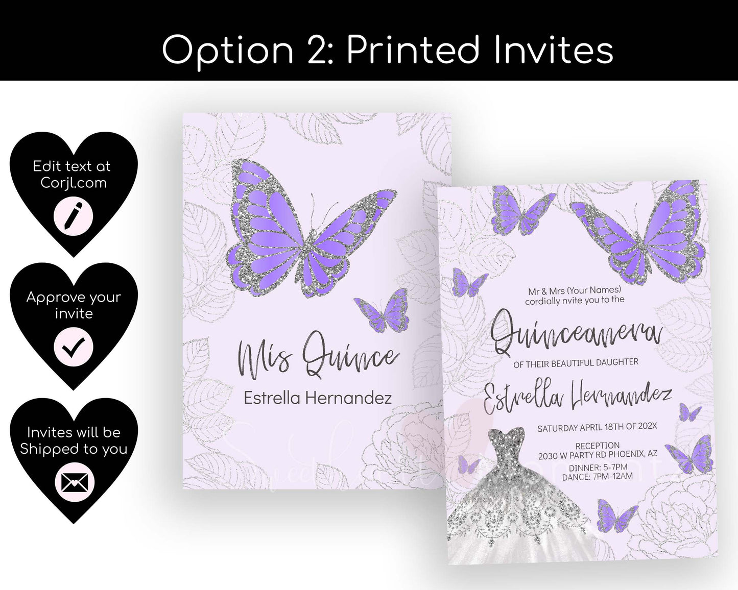 Baby Purple and Silver Butterfly Quinceanera Invitation Style: Estrella