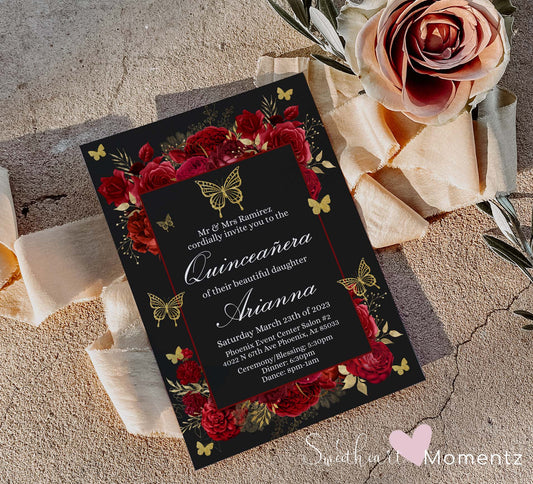 Red and gold Butterfly Quinceanera Invitation Style: Arianna