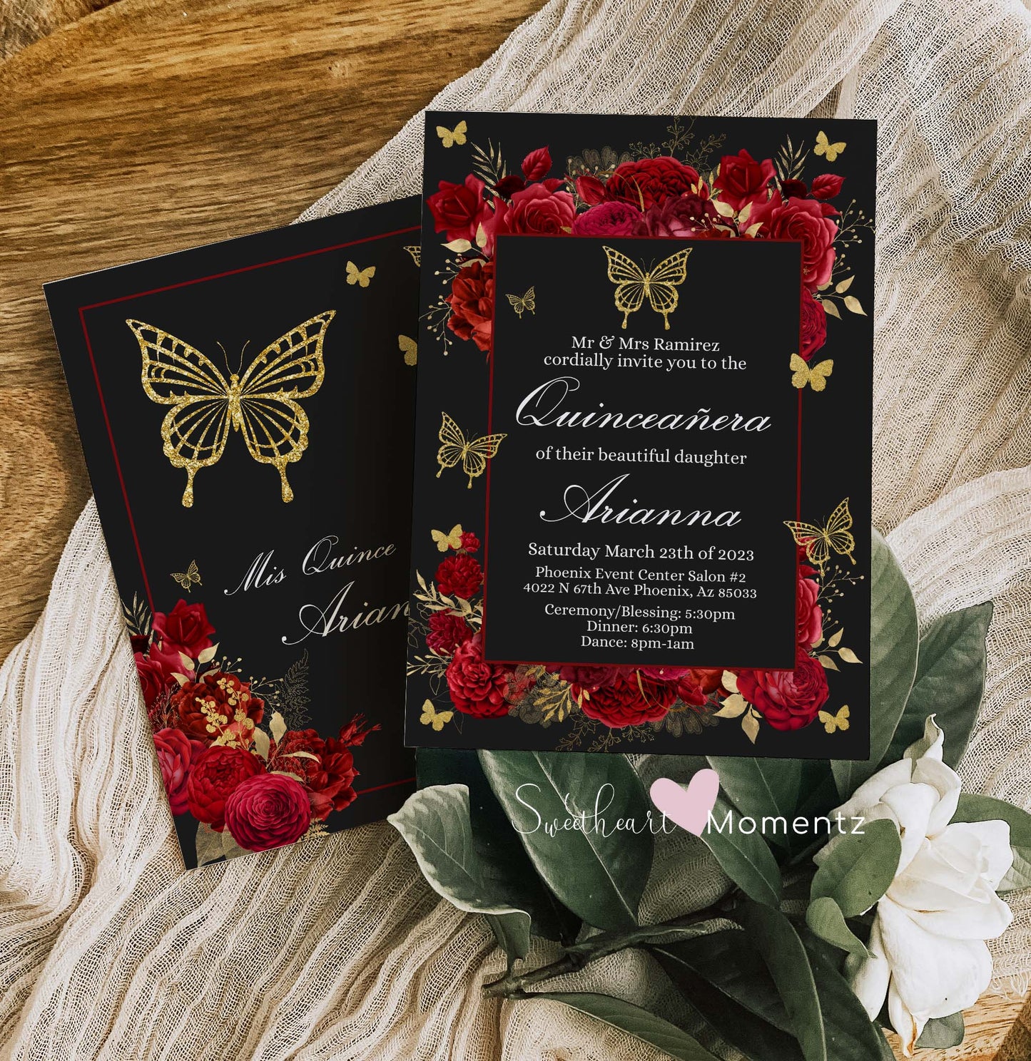 Red and gold Butterfly Quinceanera Invitation Style: Arianna