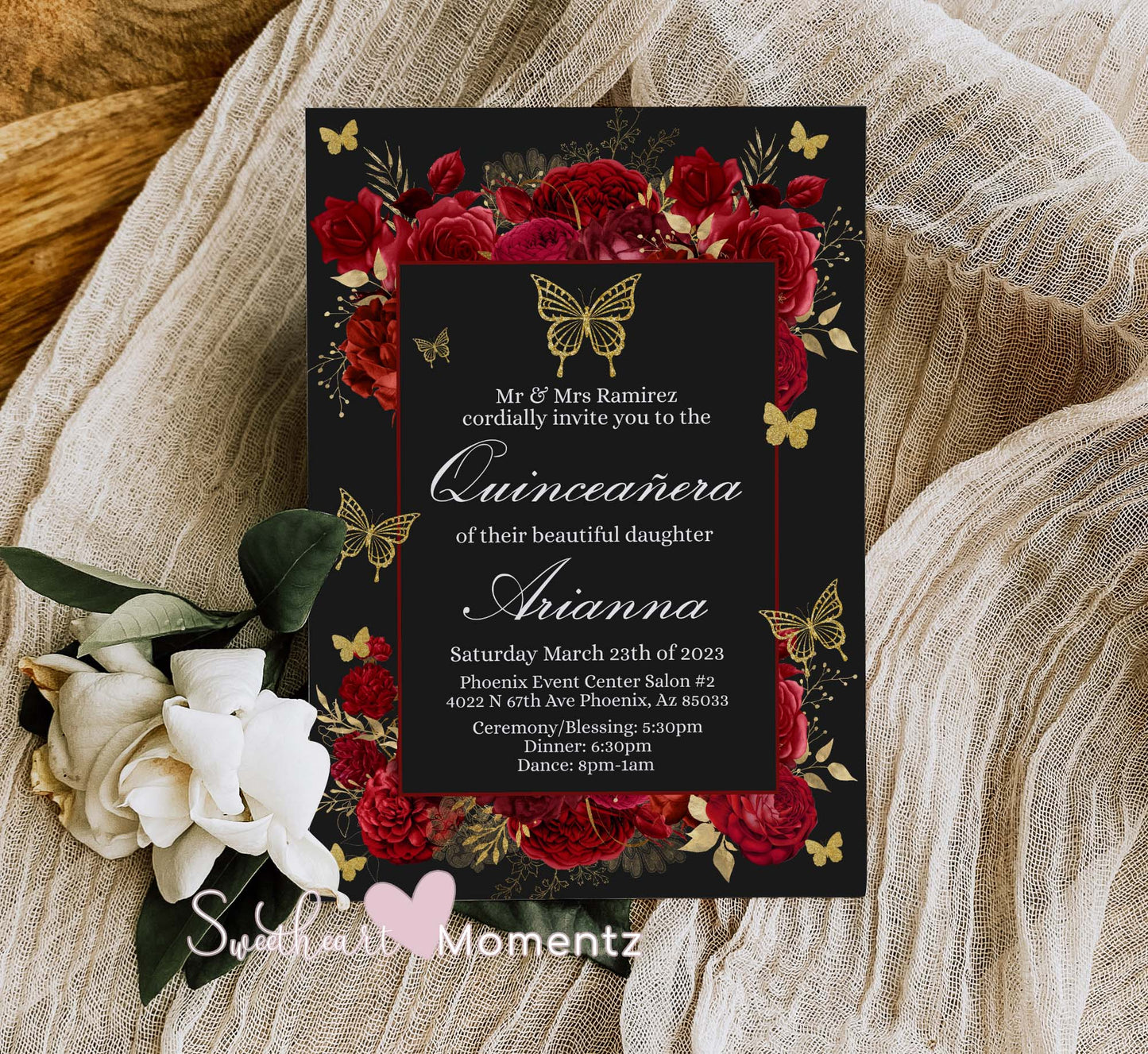 Red and gold Butterfly Quinceanera Invitation Style: Arianna