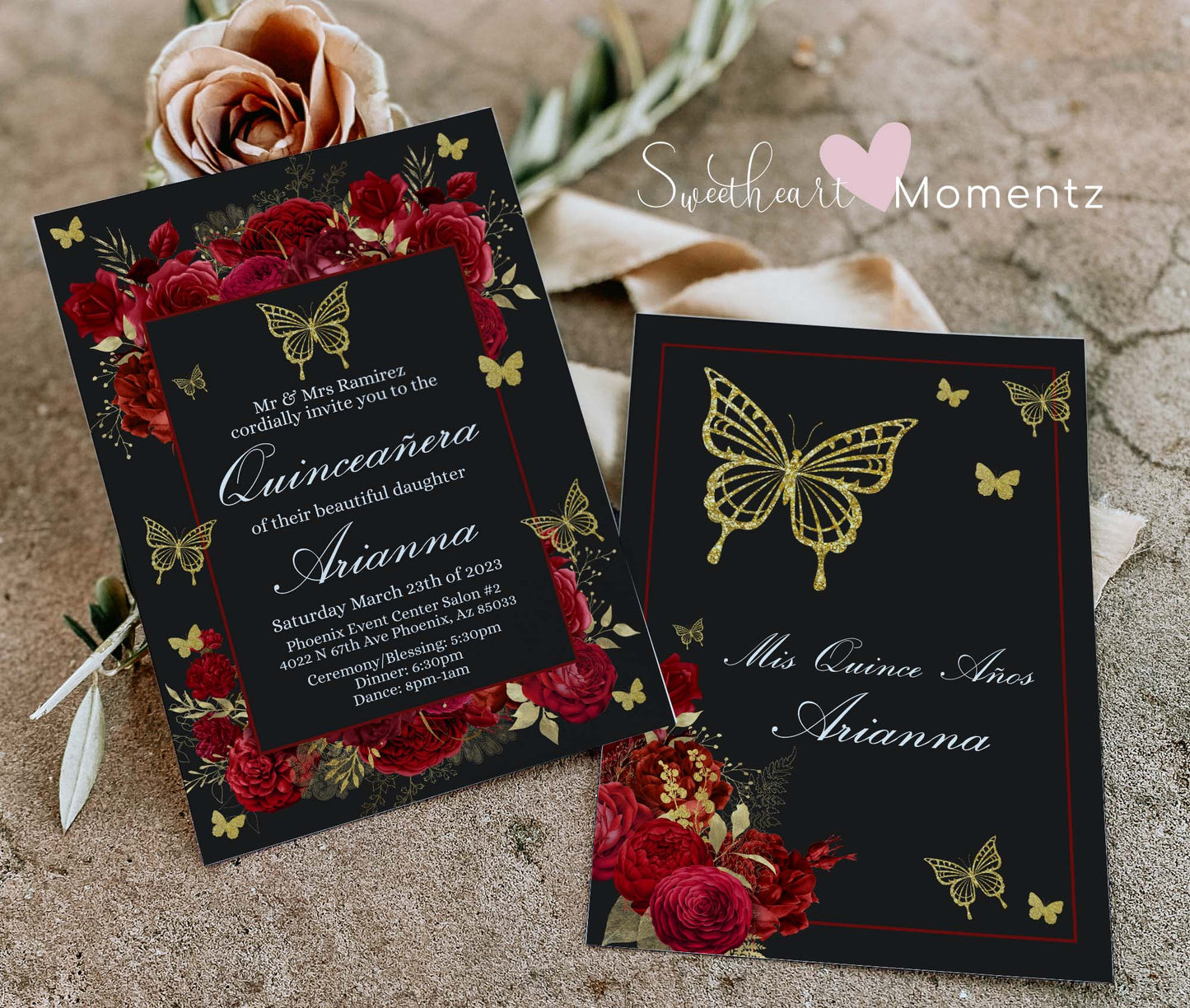 Red and gold Butterfly Quinceanera Invitation Style: Arianna