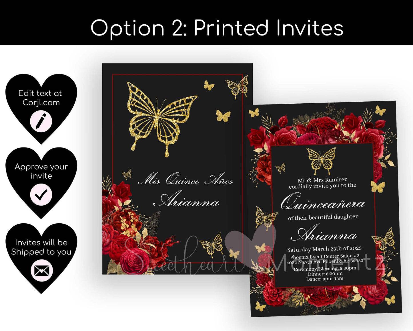 Red and gold Butterfly Quinceanera Invitation Style: Arianna