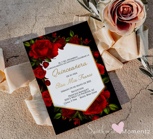 Red Rose and Black Quinceanera Invitation Style: Mia