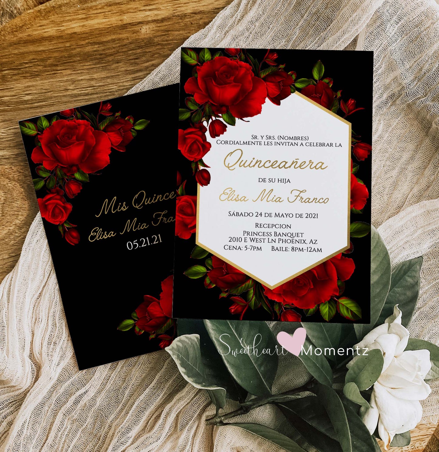 Red Rose and Black Quinceanera Invitation Style: Mia