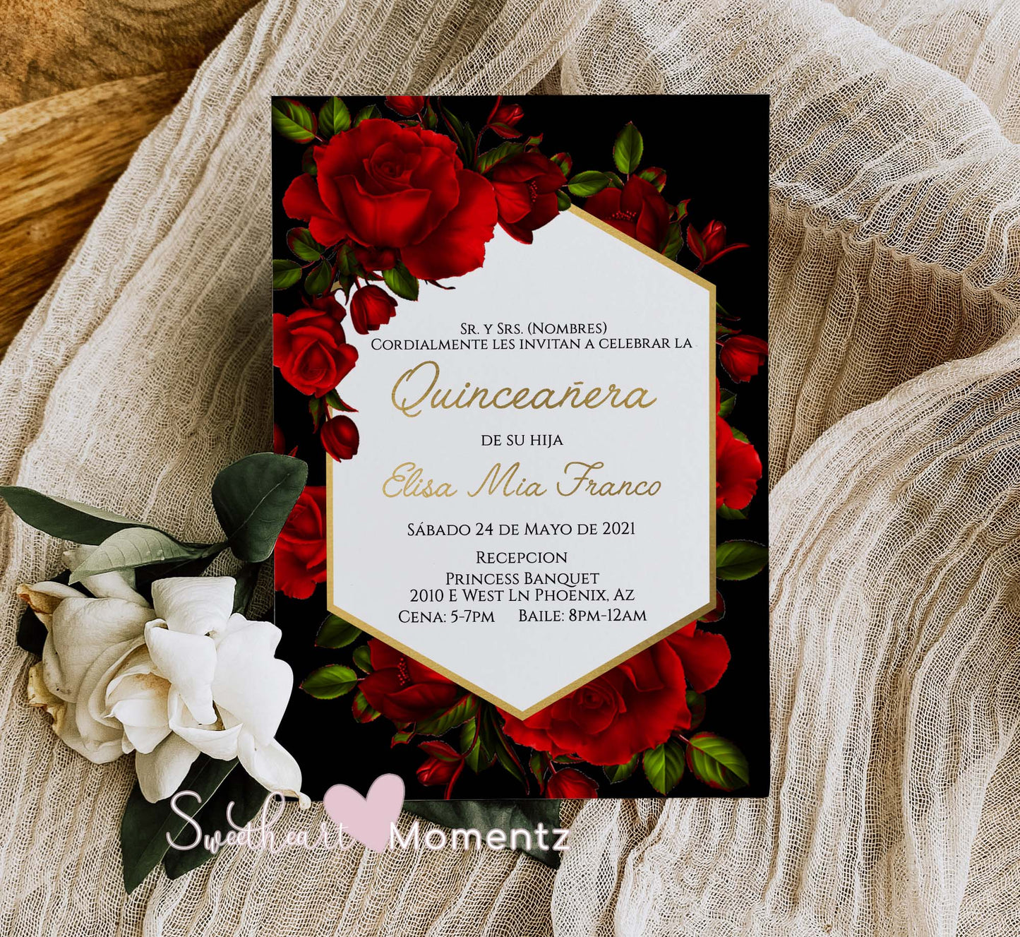 Red Rose and Black Quinceanera Invitation Style: Mia