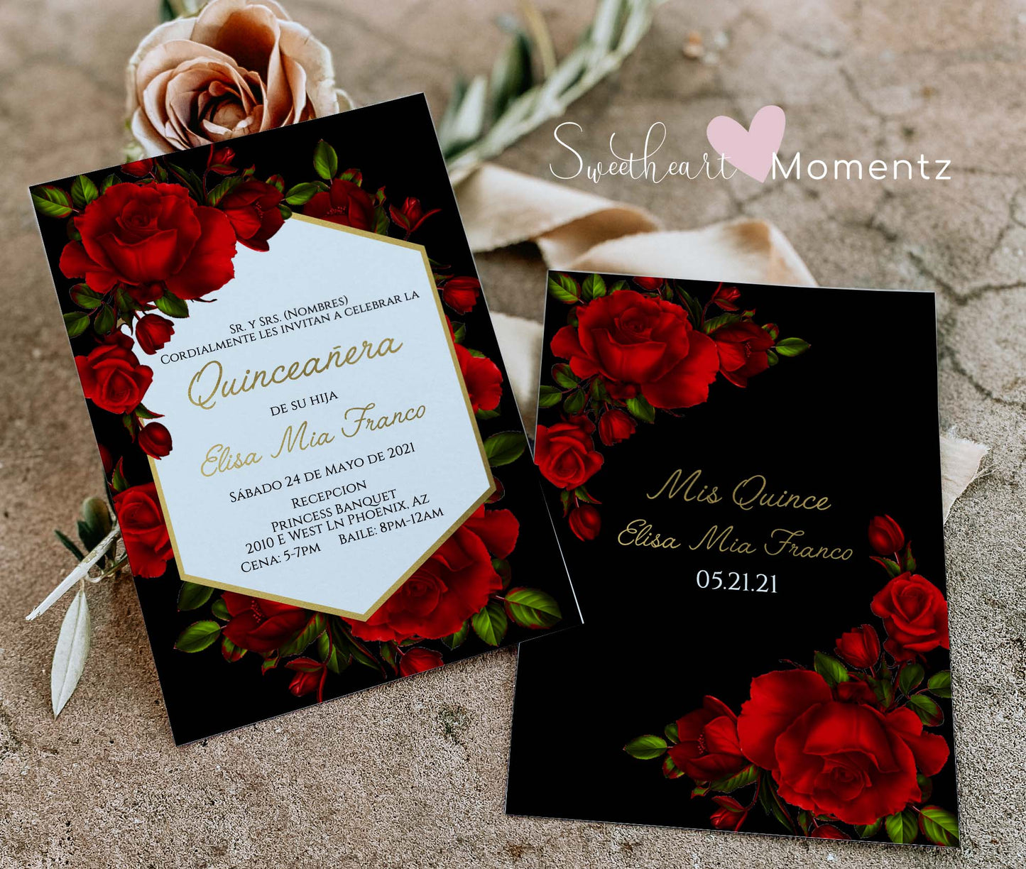 Red Rose and Black Quinceanera Invitation Style: Mia