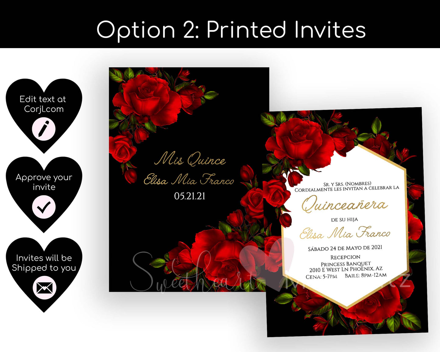 Red Rose and Black Quinceanera Invitation Style: Mia